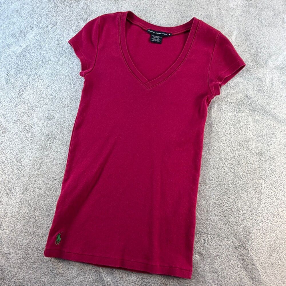 Ralph Lauren Sport Women's V Neck Pony Logo Tee Pink Medium